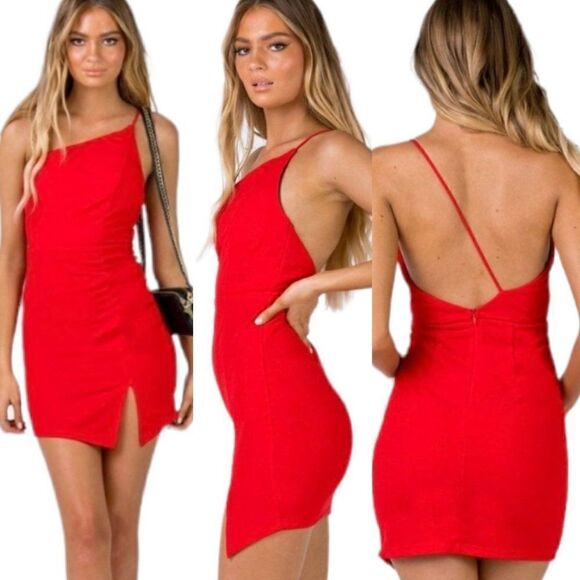 Princess Polly Dress PRIYA Mini Sexy Strappy One Shoulder Font Slit Red Sz 8 - Picture 4 of 12